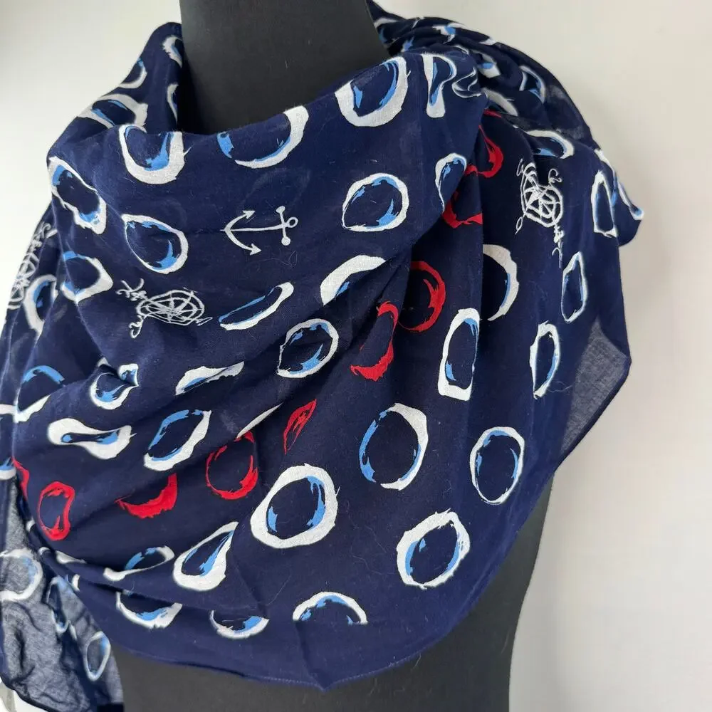 Fraas Navy Red White Nautical Rectangle Scarf Cotton Bold Casual Fringe Hem NEW